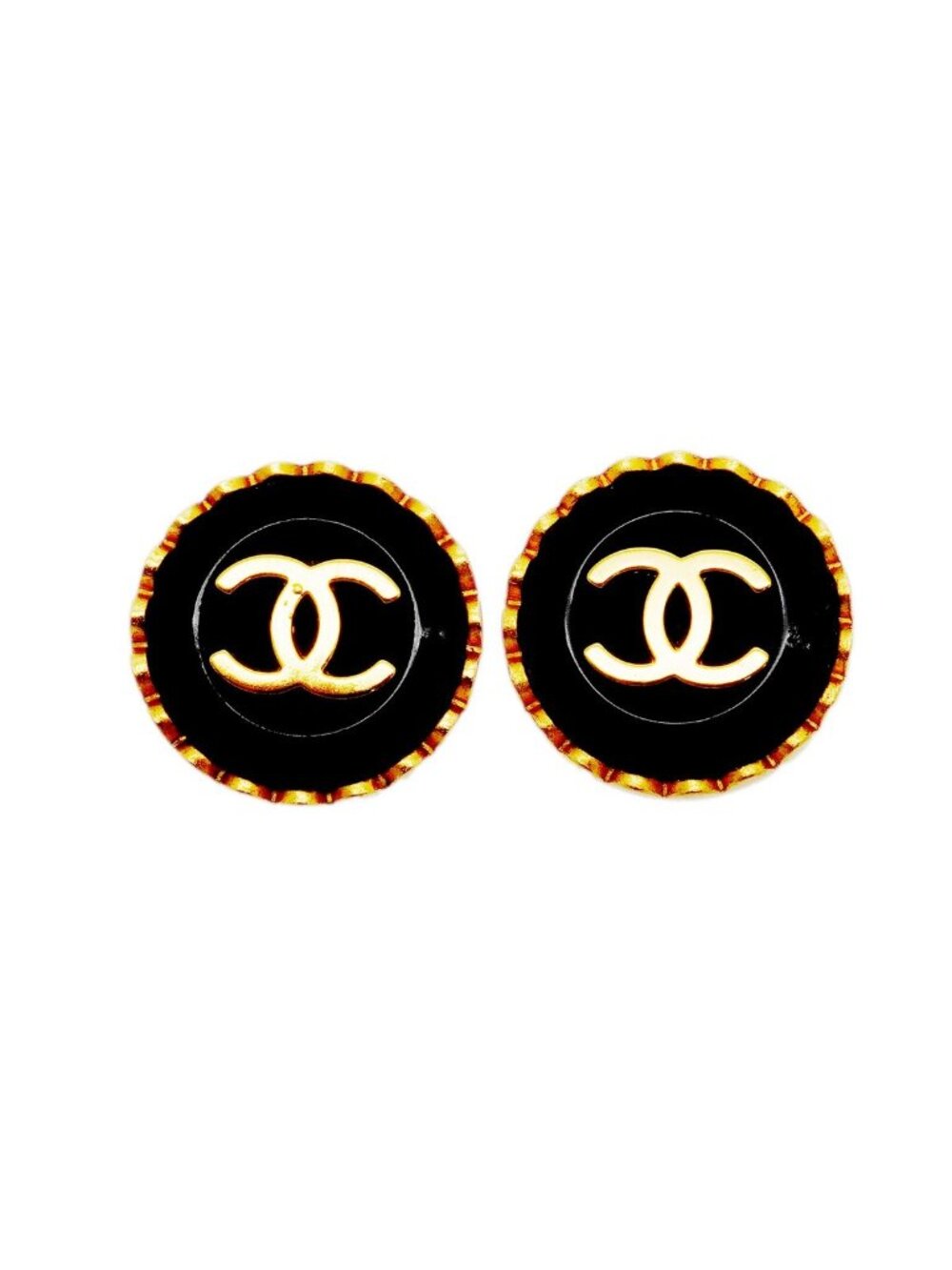 Chanel Earrings Vintage CC Logo Round Circle Gold Plated Black